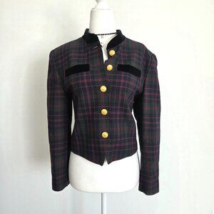 Vtg Wool Plaid Blazer Size 8P Velvet Trim Gold Button Old Money Heritage Preppy